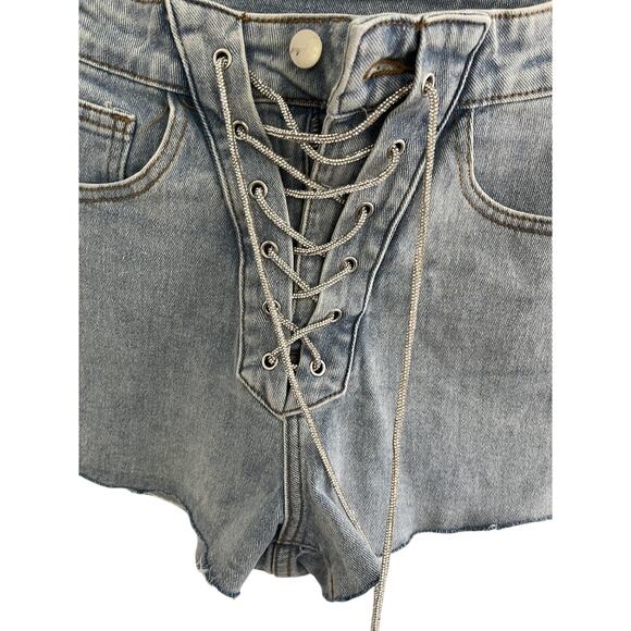 Denim Shorts Hot Pants Juniors S Silver Lace Up, Zipper, Button Western Glam NWT - Picture 2 of 5